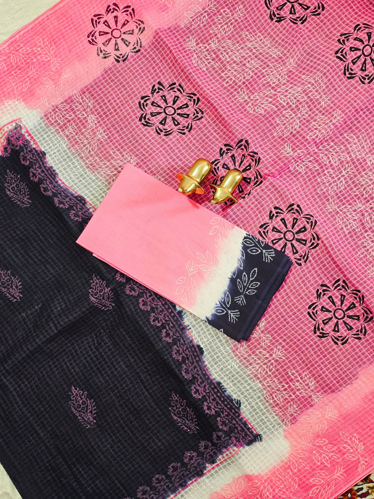 Pure Cotton with Checks Hand Block Prints - Blue with Pink