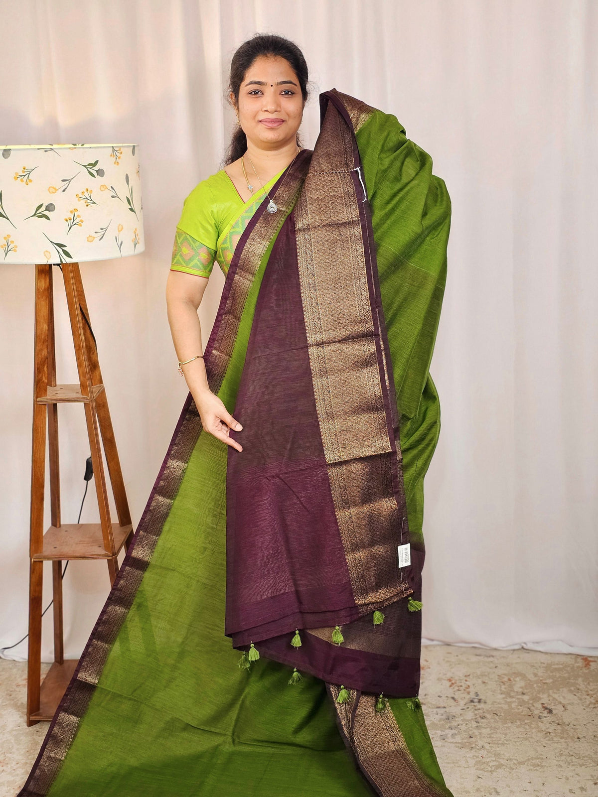Jute Banarasi Saree - Green with Brown