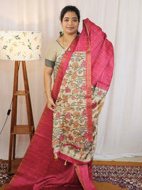 Soft Semi Tussar Checks Weaving with Kalamkari - Pink