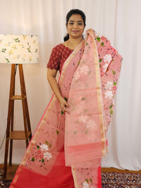 Semi Tussar Kota with Hand Painted Saree - Dark Peach With Red