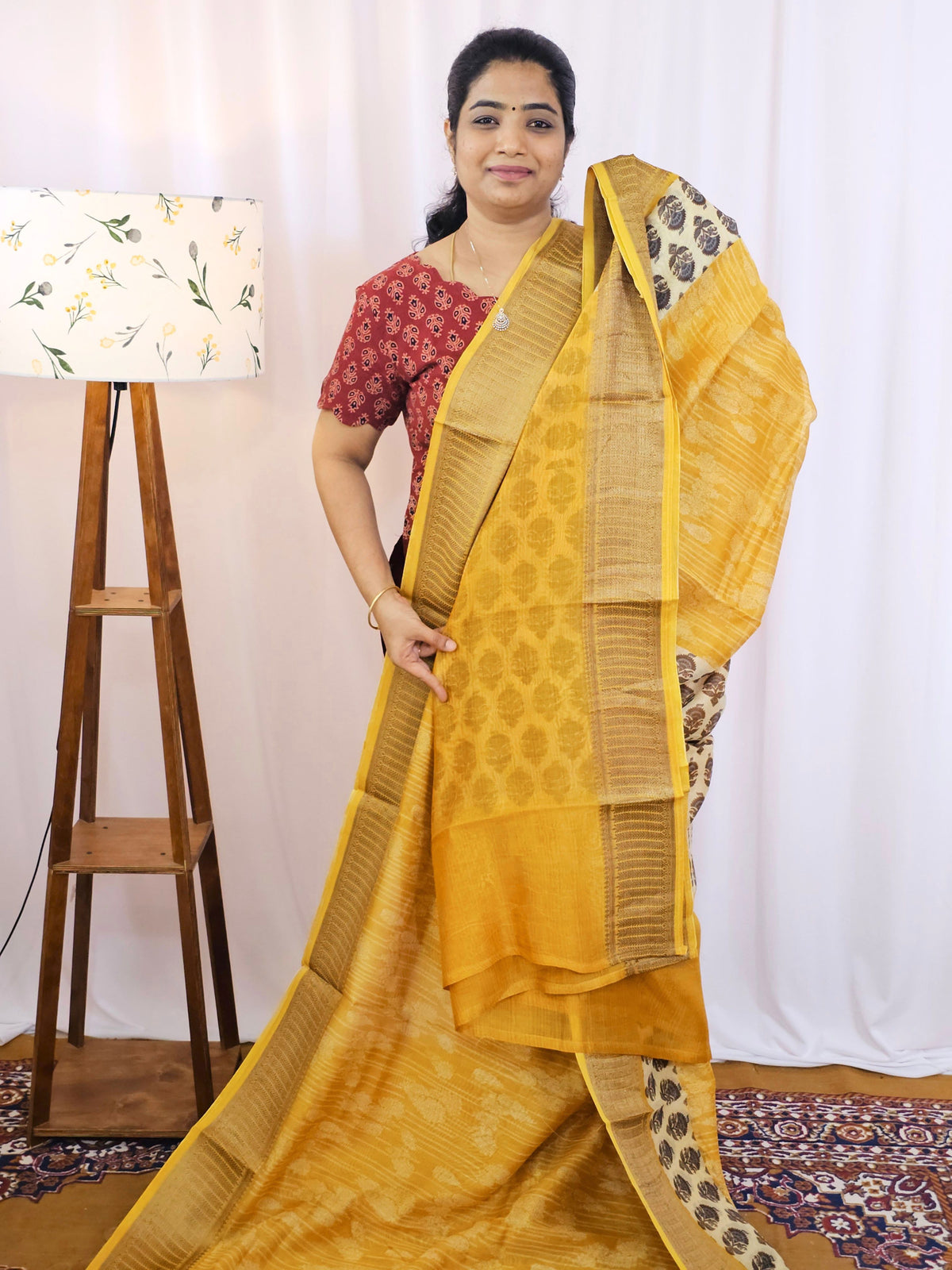 Pure Chanderi Butter Silk - Mustard Yellow with Cream