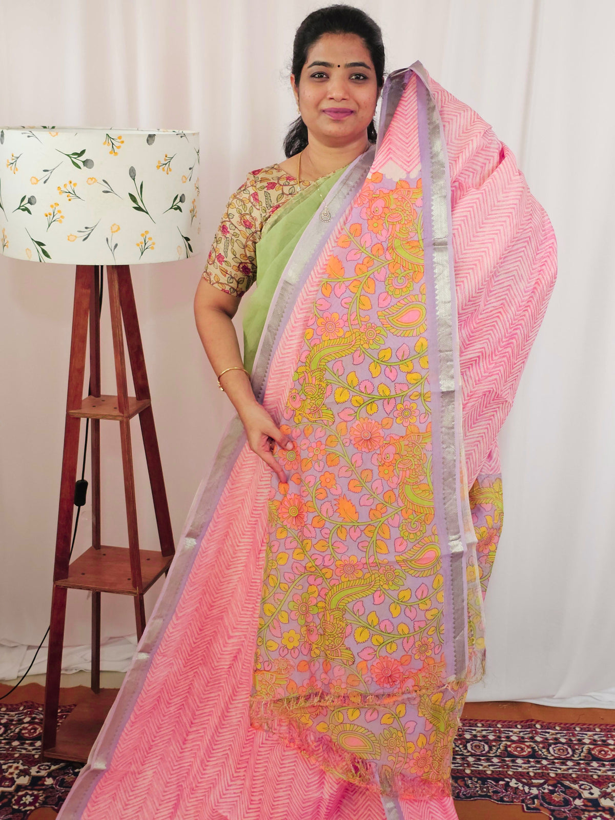 Handwoven Mangalagiri Pattu Saree with Digital Prints  - Peachish Pink  with Lavender