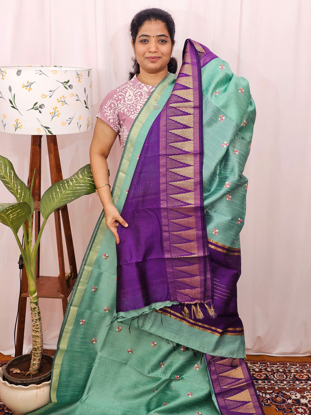 Semi Raw Silk Saree with Emboridery -  Sea Green with Purple