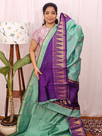 Semi Raw Silk Saree with Emboridery -  Sea Green with Purple