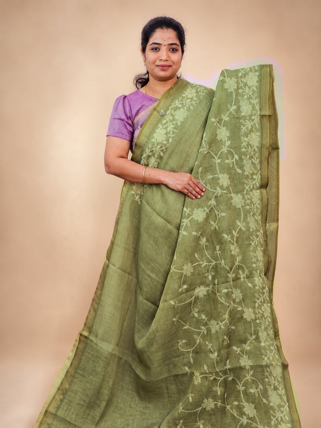 Linen Tissue with Aari Work - Sage Green
