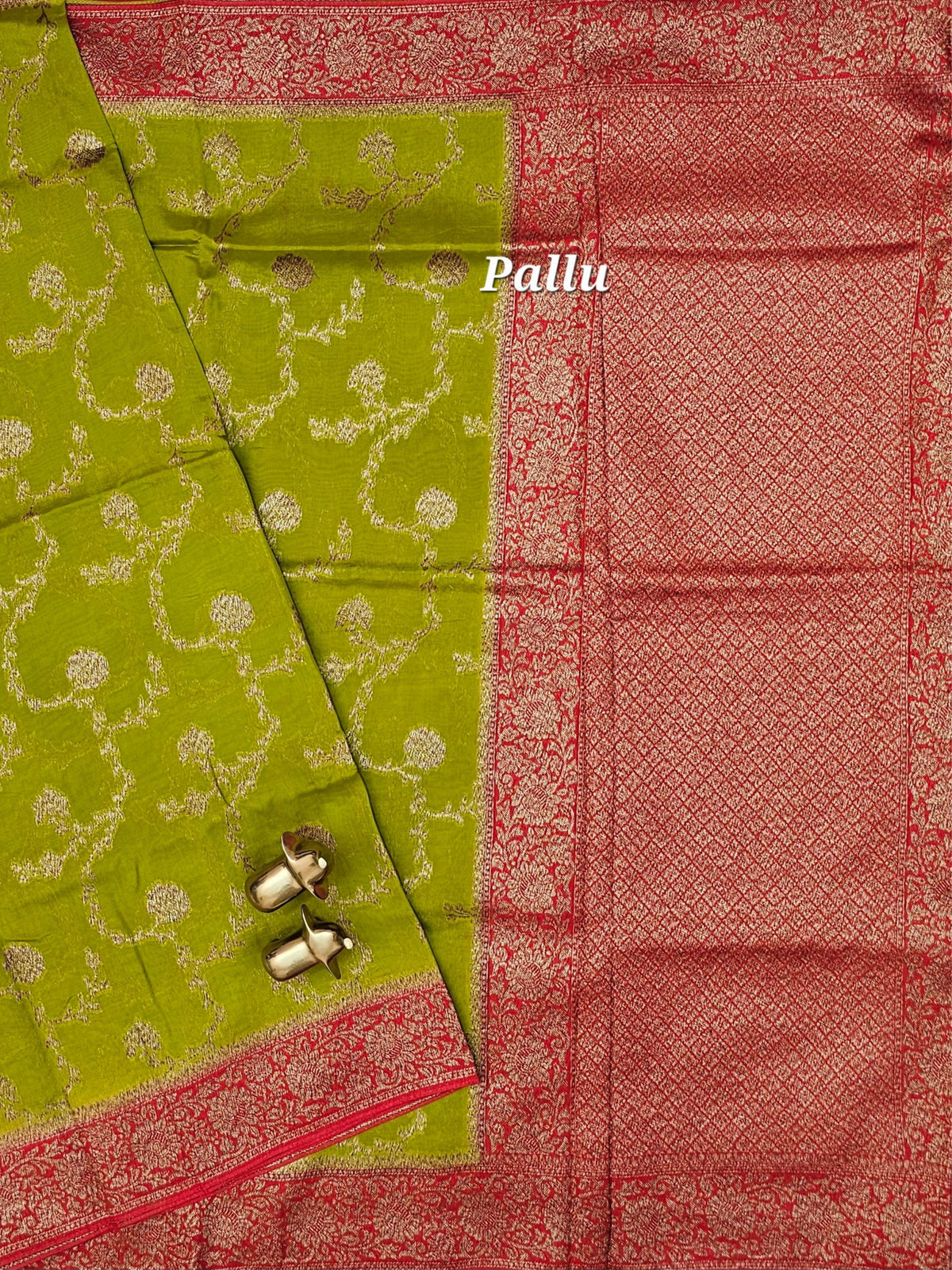 Jute Banarasi Silk Saree - Green with Red
