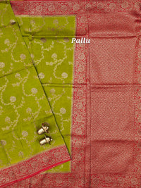 Jute Banarasi Silk Saree - Green with Red