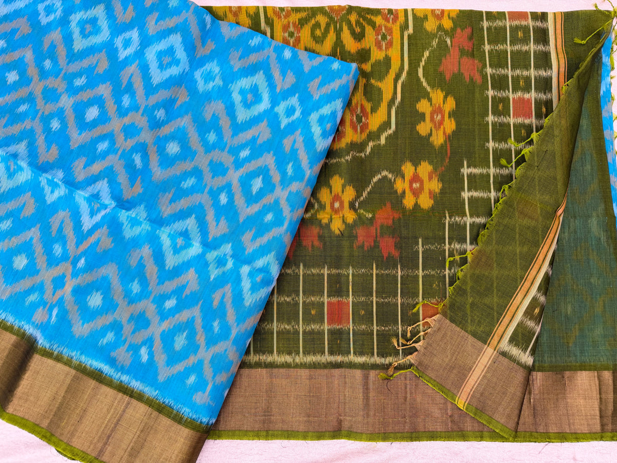 Blue with Green Pochampally Ikkat Silk Cotton (SICO Pattu)