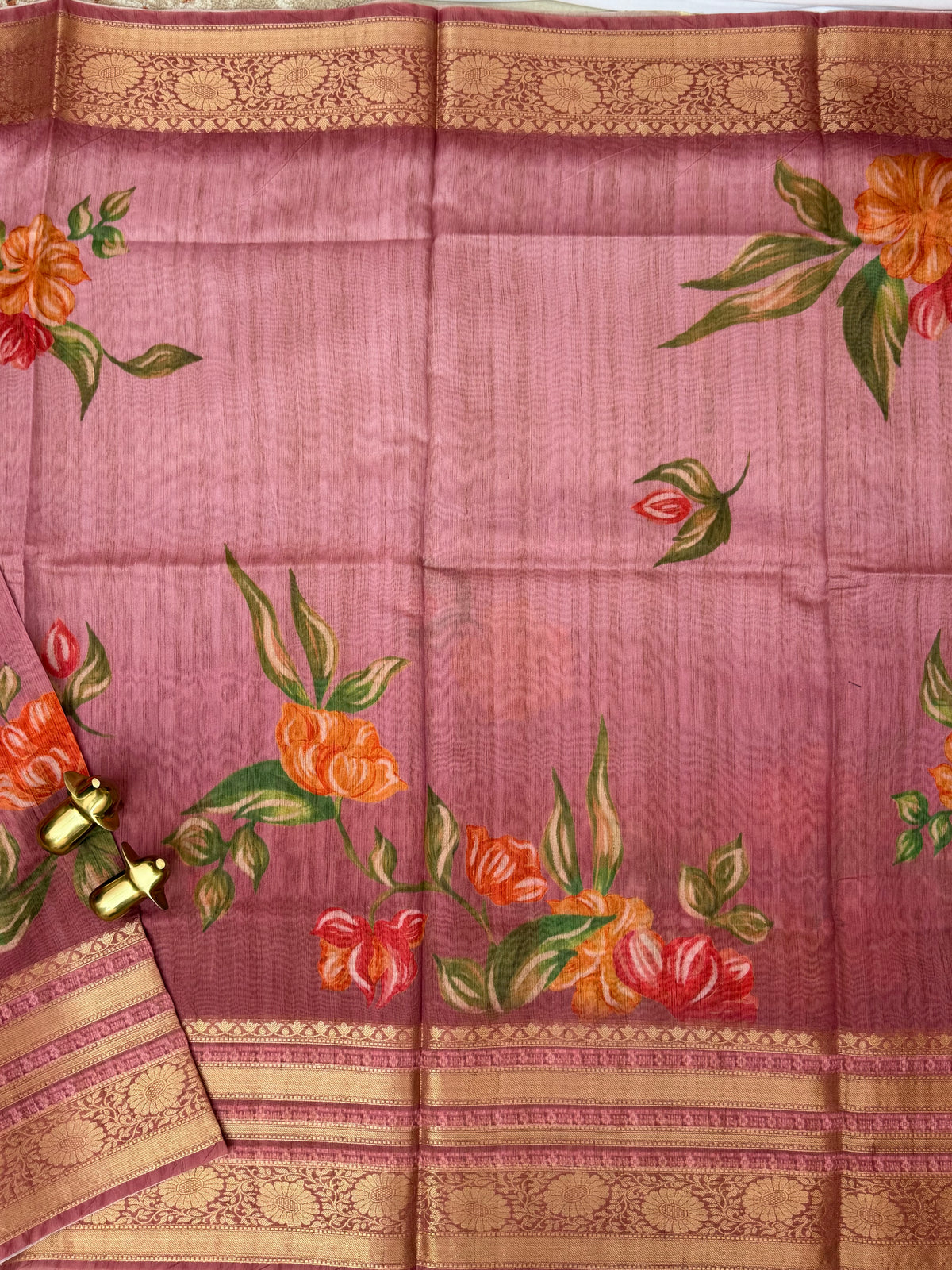 Unique Semi Tussar with Zari Border and Digital Prints - Onion Pink