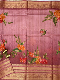 Unique Semi Tussar with Zari Border and Digital Prints - Onion Pink