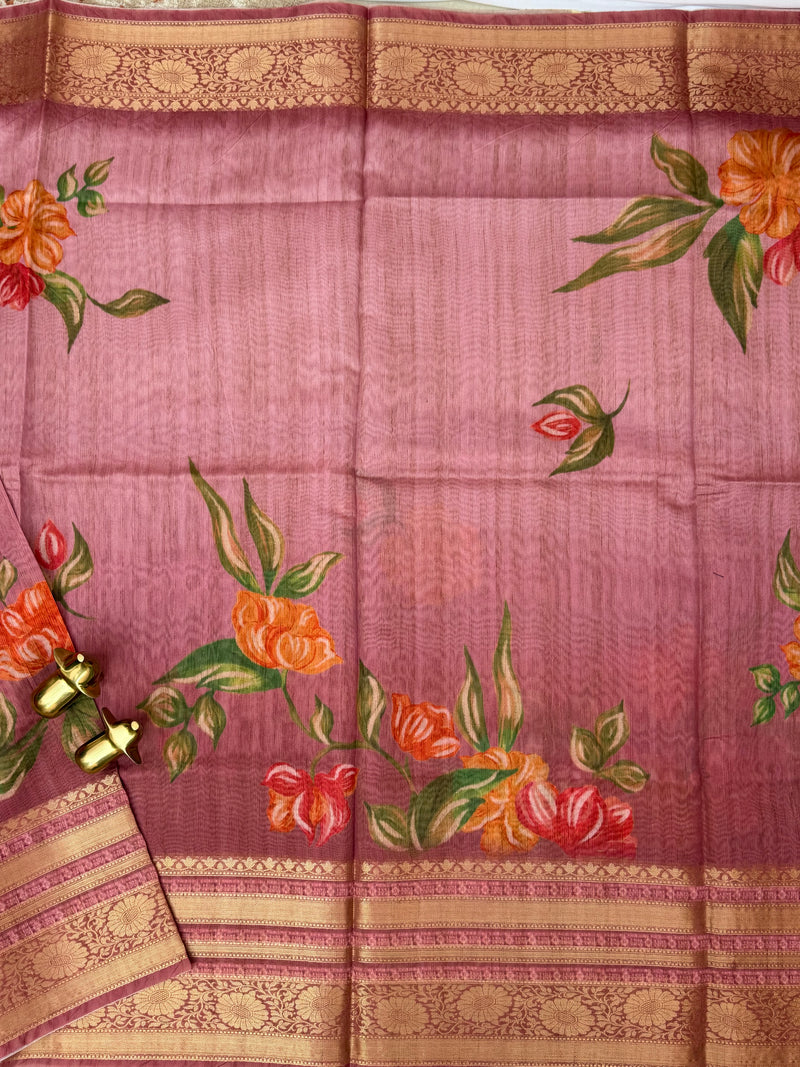 Unique Semi Tussar with Zari Border and Digital Prints - Onion Pink