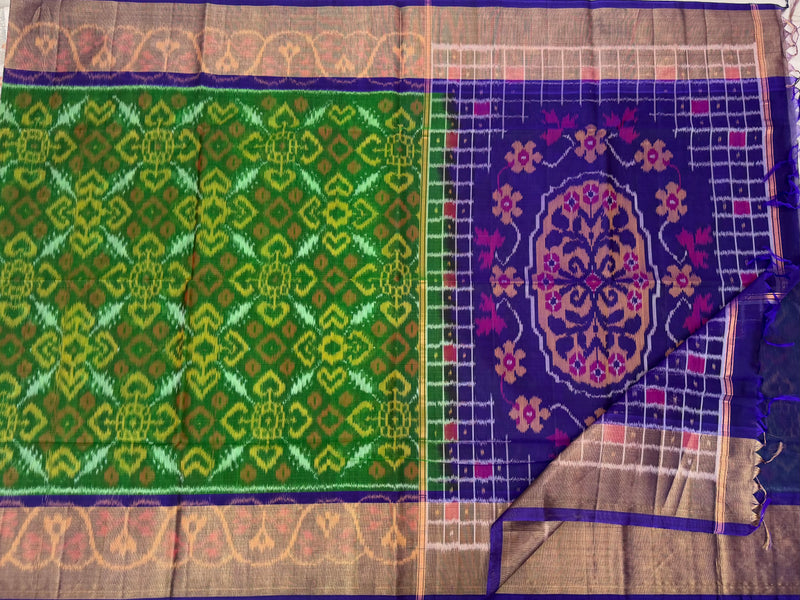 Green with Purple Pochampally Ikkat Silk Cotton (SICO Pattu)