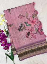 Unique Semi Tussar with Zari Border and Digital Prints - Pink
