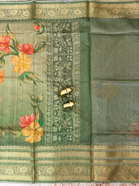 Unique Semi Tussar with Zari Border and Digital Prints - Green