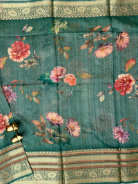Unique Semi Tussar with Zari Border and Digital Prints - Dark Green