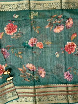 Unique Semi Tussar with Zari Border and Digital Prints - Dark Green