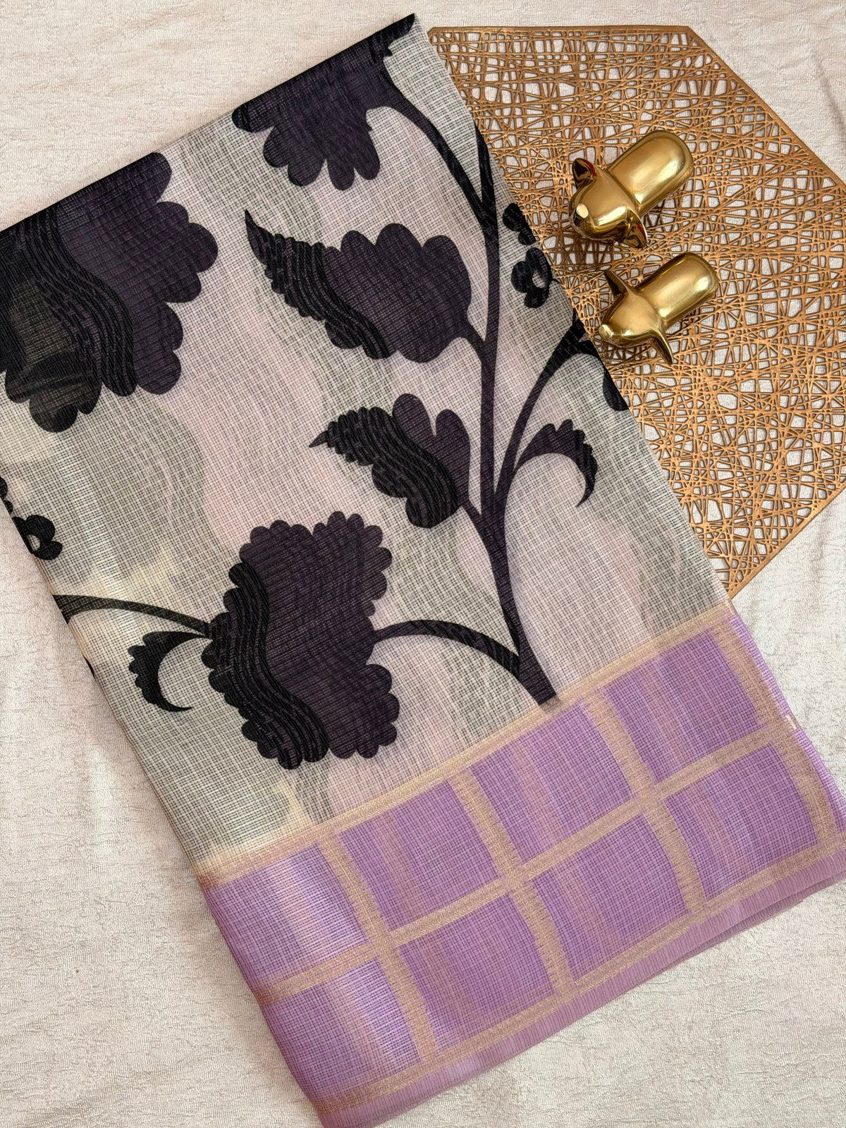Premium Soft Semi Tussar Kota Weaving with Digital Prints - Cream with Lavender