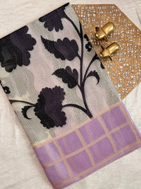 Premium Soft Semi Tussar Kota Weaving with Digital Prints - Cream with Lavender