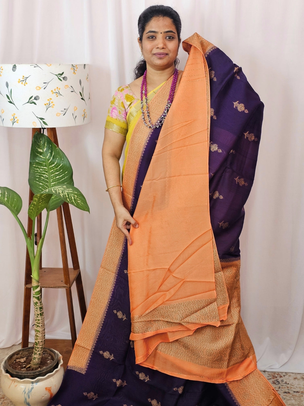 Jute Banarasi Silk Saree - Dark Purple with Peachy Orange