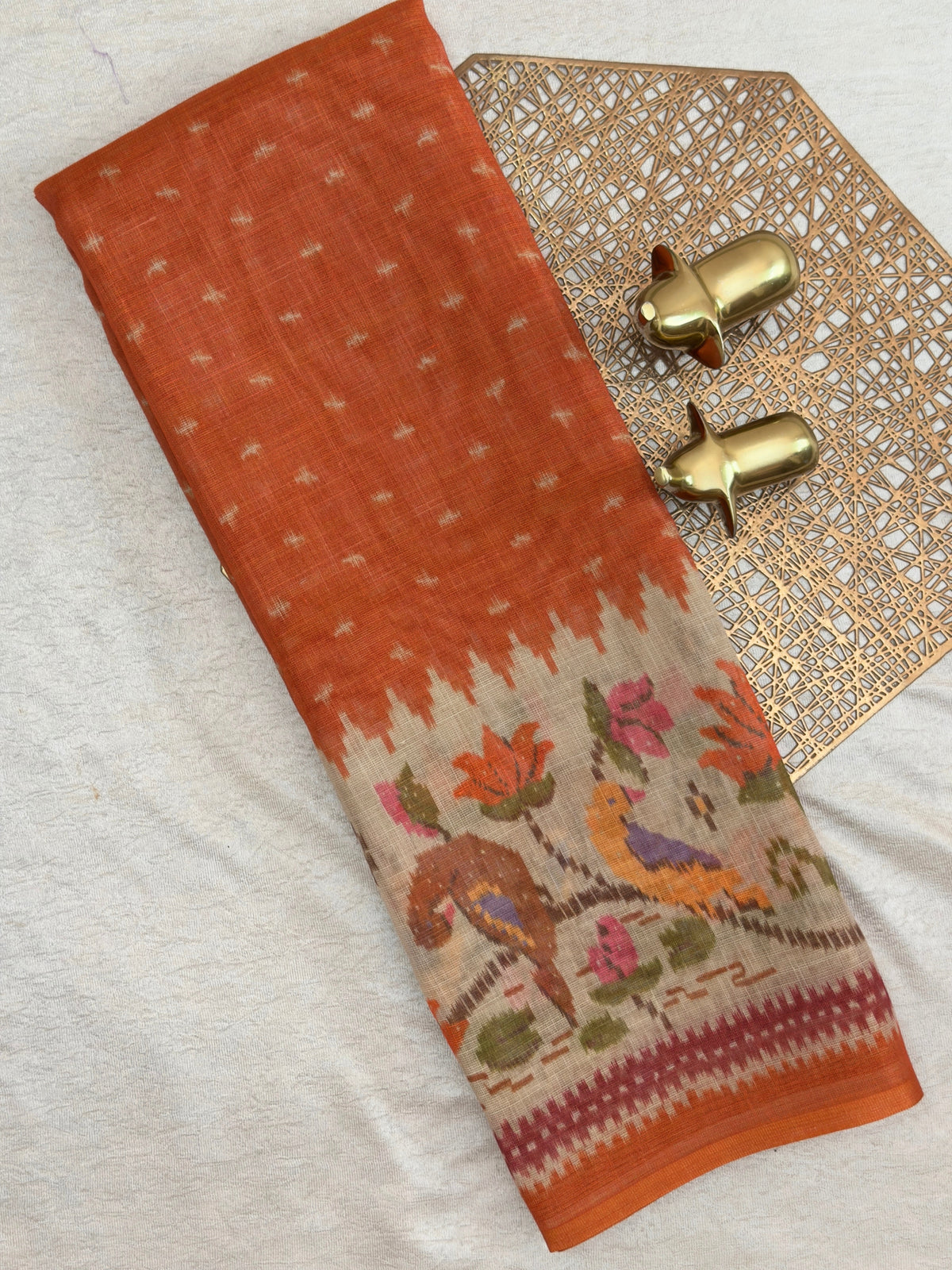 Linen Tissue with Digital Printed Sarees - Orange