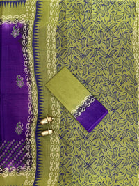 Pure Cotton with Checks Hand Block Prints - Purple with Green