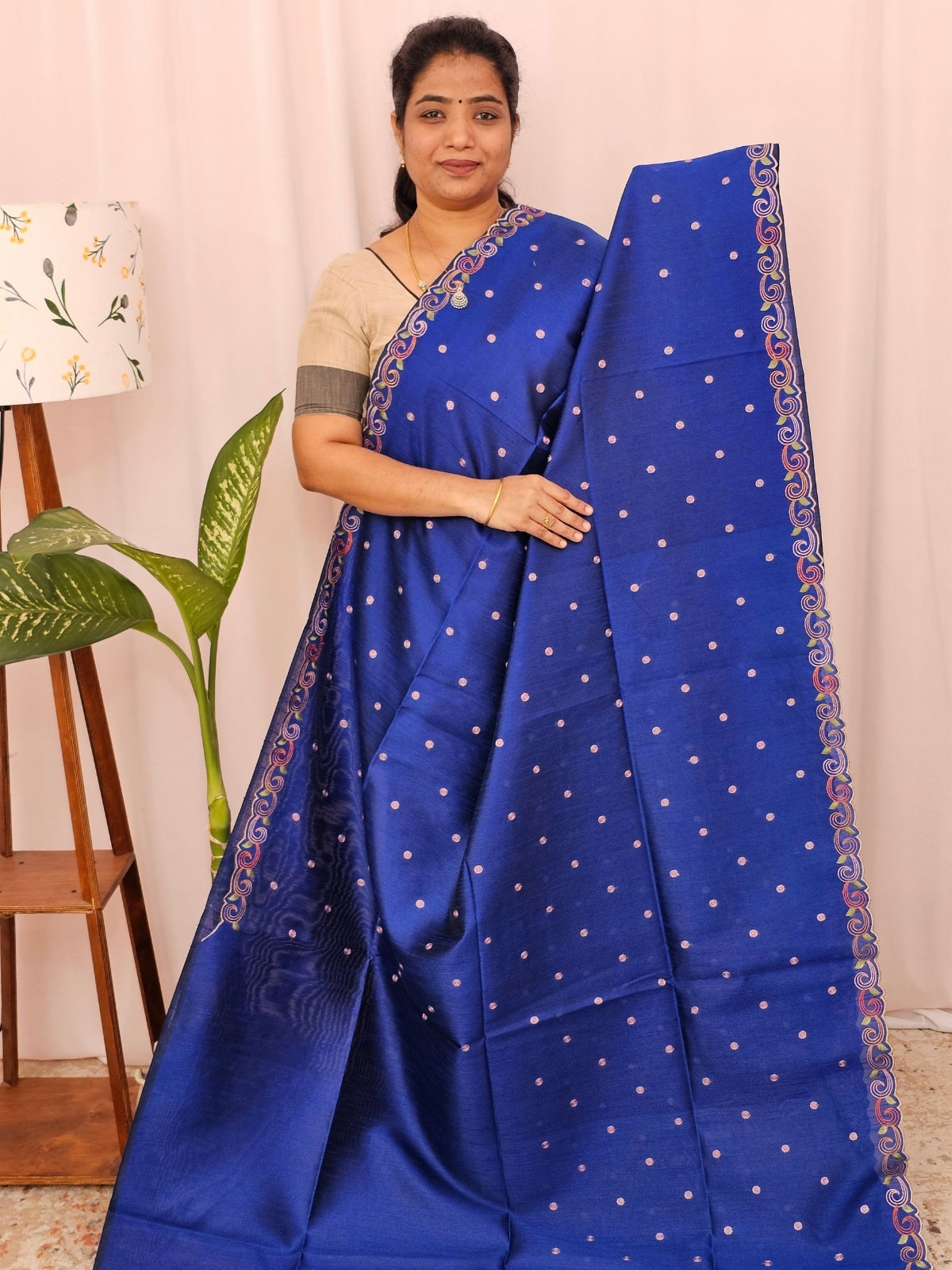 Semi Raw Silk with Emboridery - Royal Blue