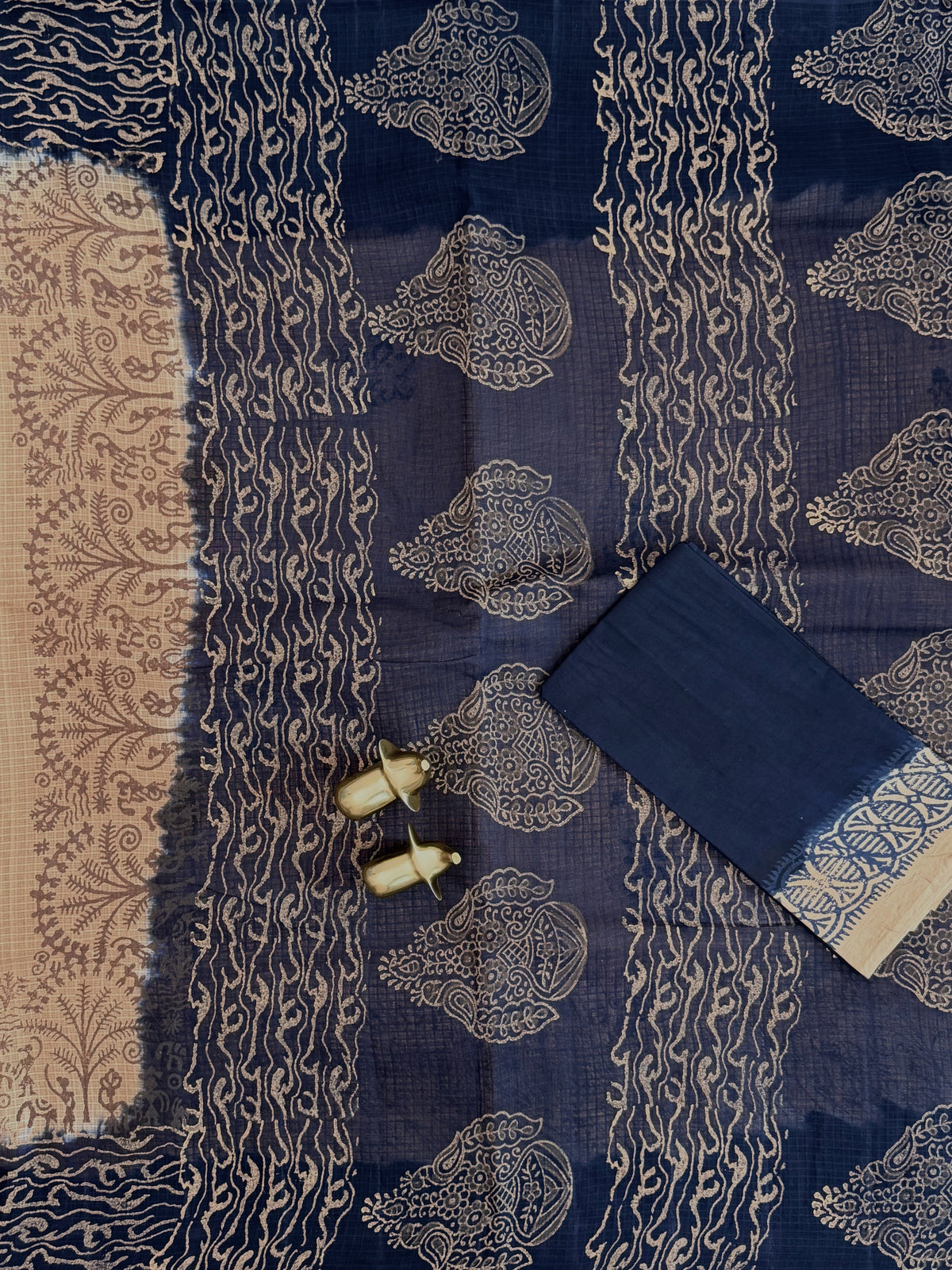 Pure Cotton with Checks Hand Block Prints - Beige with Blue
