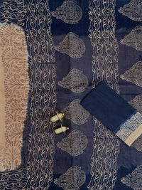 Pure Cotton with Checks Hand Block Prints - Beige with Blue