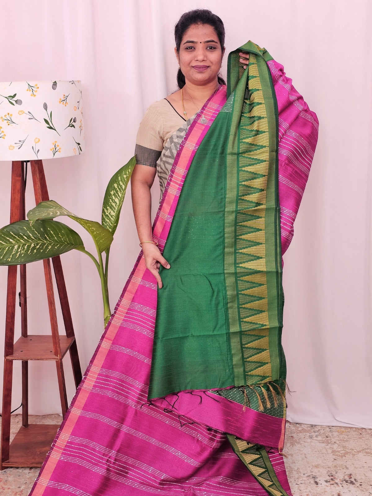 Semi Raw Silk Saree - Pink with Green