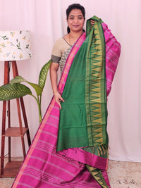 Semi Raw Silk Saree - Pink with Green