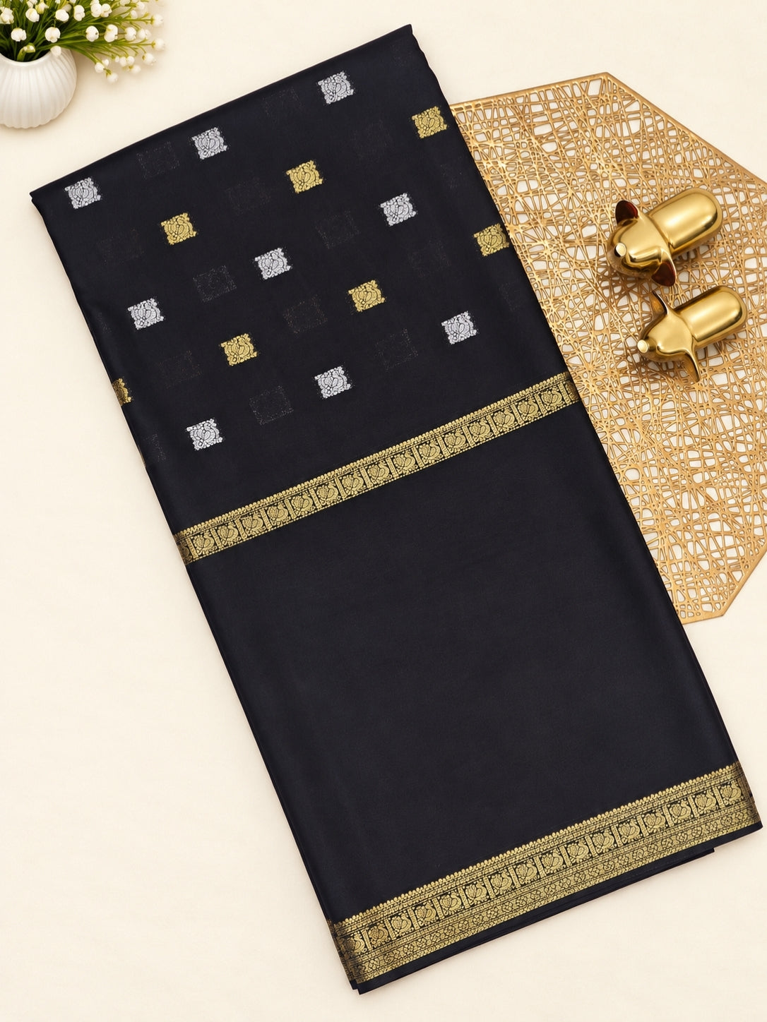 Semi Mysore Crepe Silk Saree -  Black