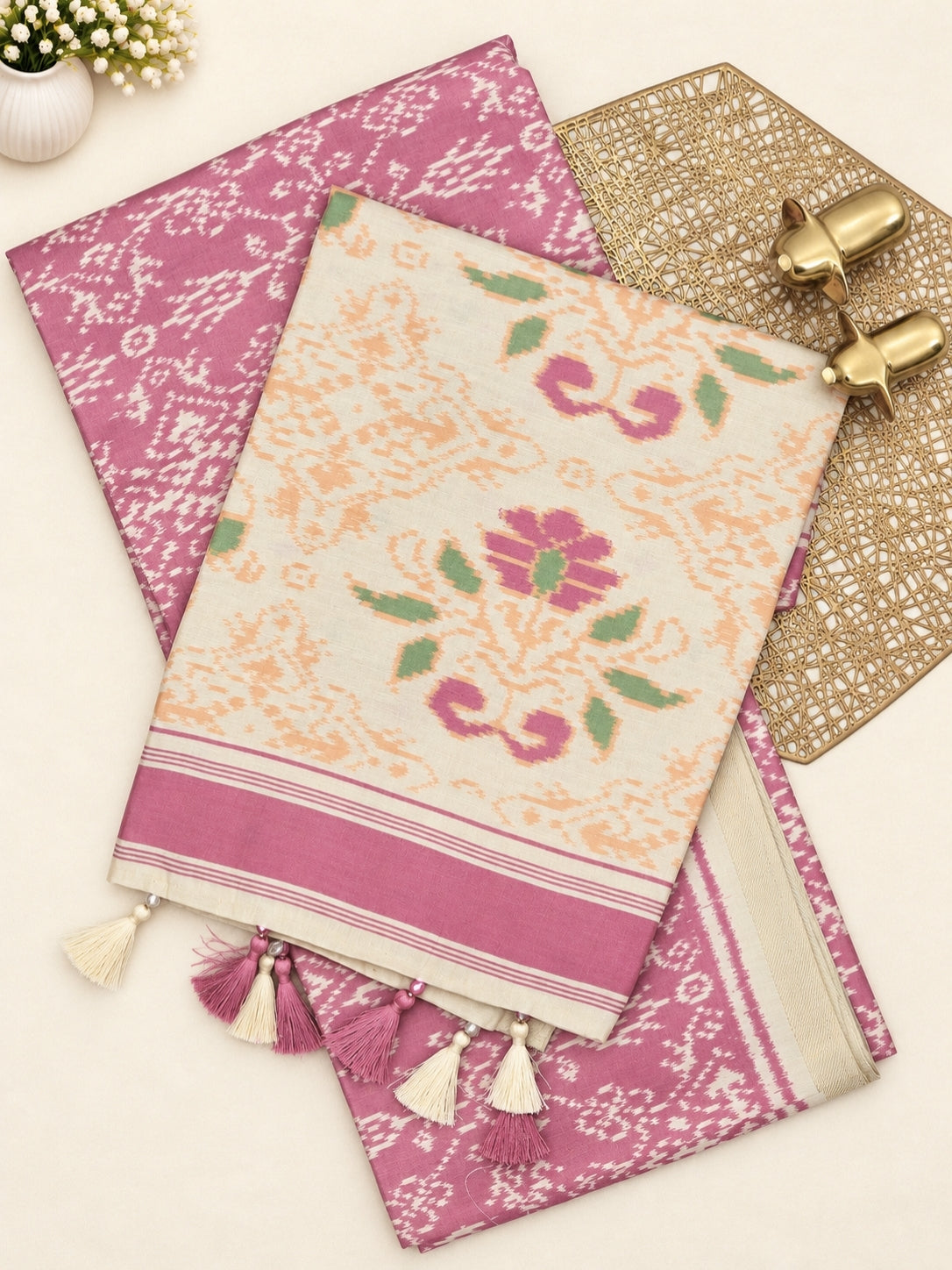 Patola Inspried Semi Tussar Saree  - Pastel Pink