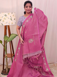 Linen Tissue with Zari Weaving Digital Printed Sarees - Pink