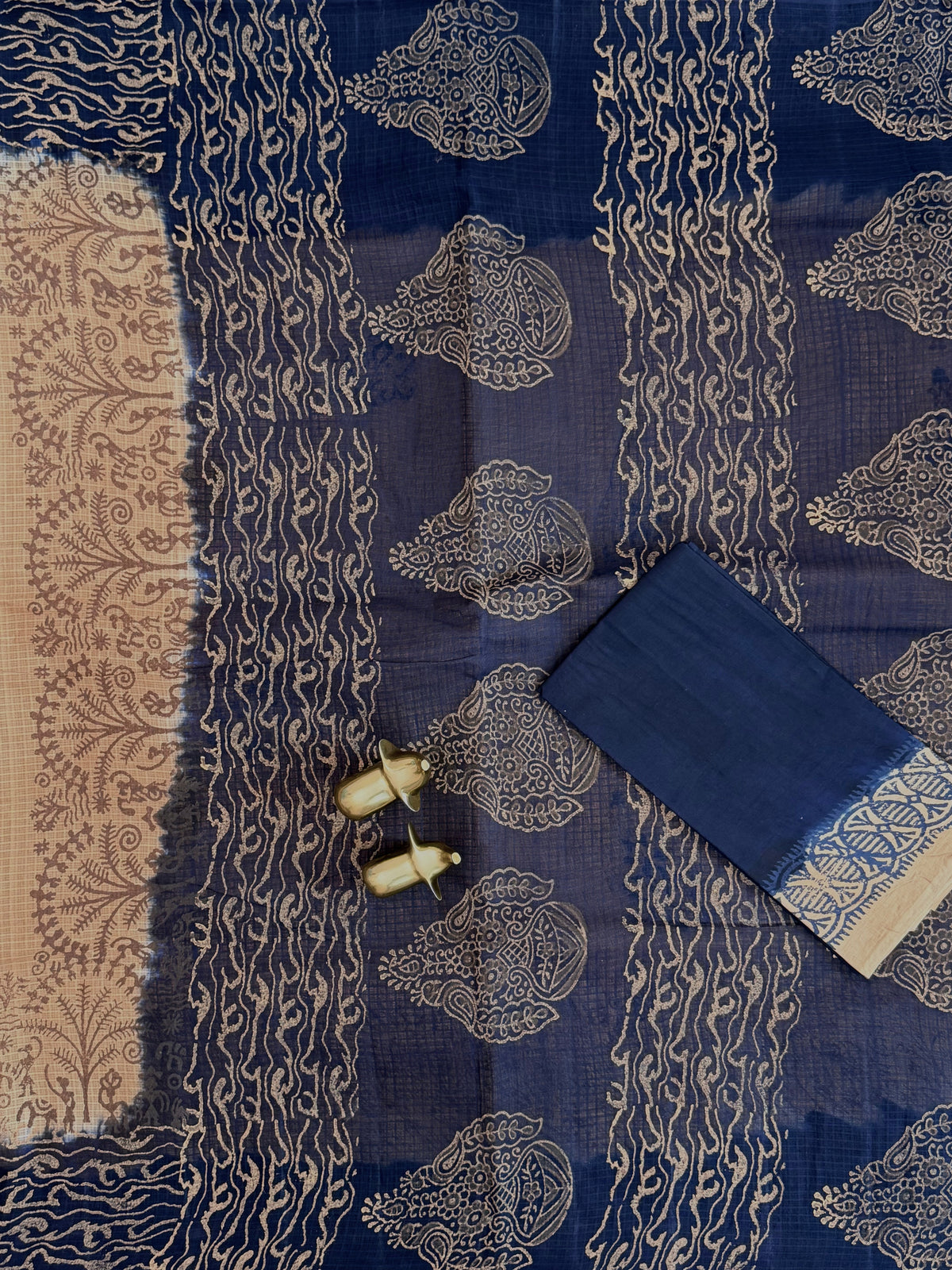 Pure Cotton with Checks Hand Block Prints - Beige with Blue