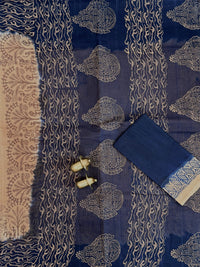Pure Cotton with Checks Hand Block Prints - Beige with Blue
