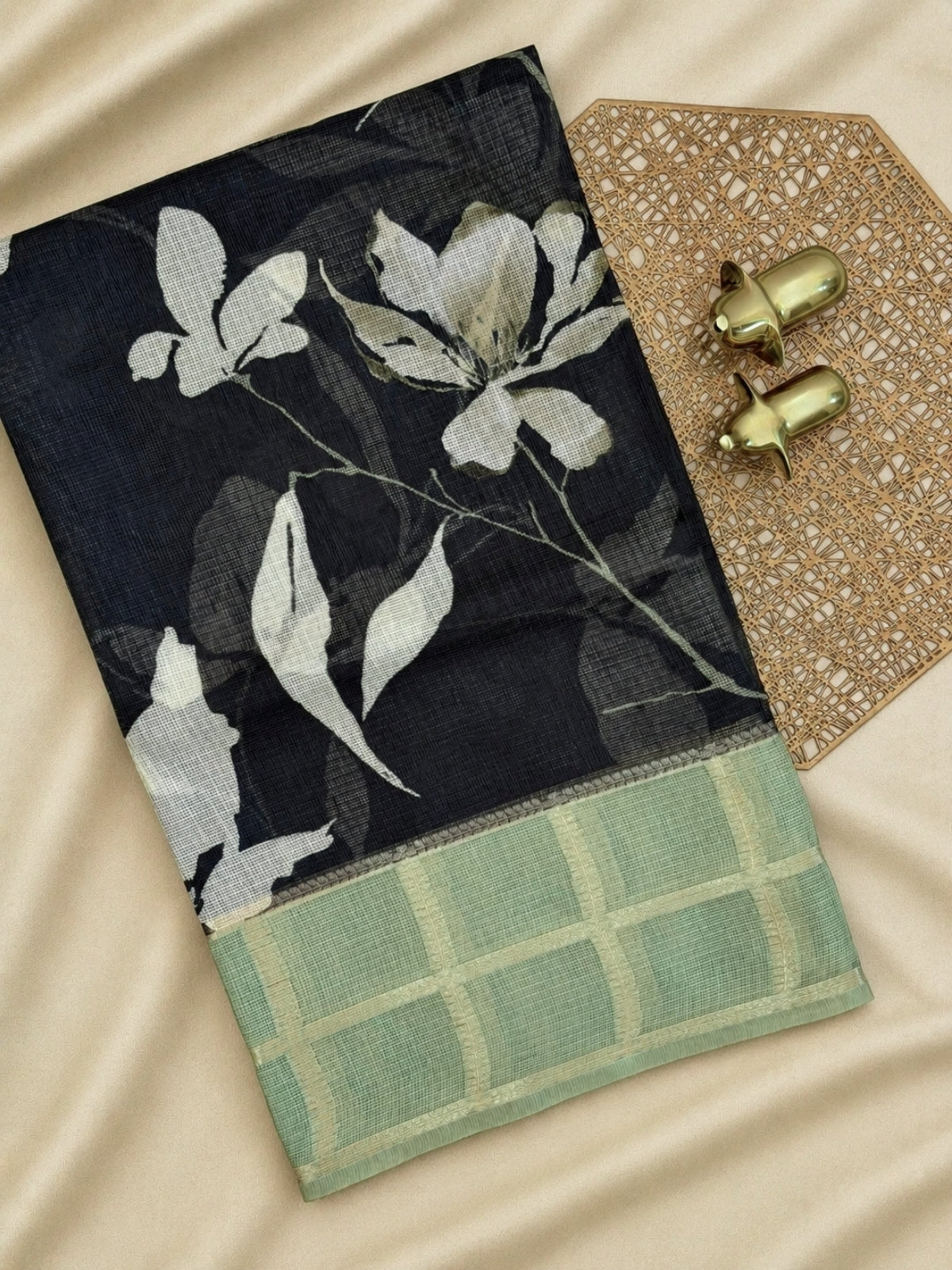 Premium Soft Semi Tussar Kota Weaving with Digital Prints - Black with Green