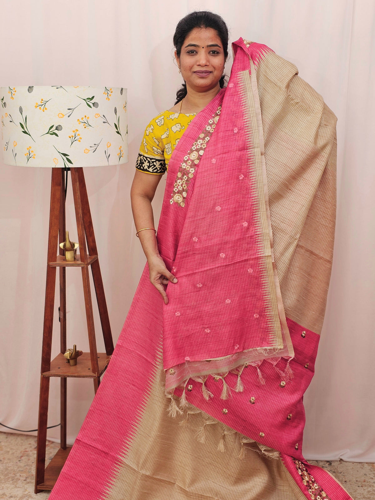 Premium Semi Tussar with  Heavy Floral Emboridery Saree - Pink