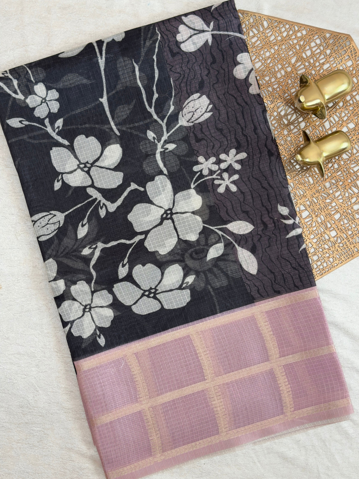 Premium Soft Semi Tussar Kota Weaving with Digital Prints - Black with Onion Pink