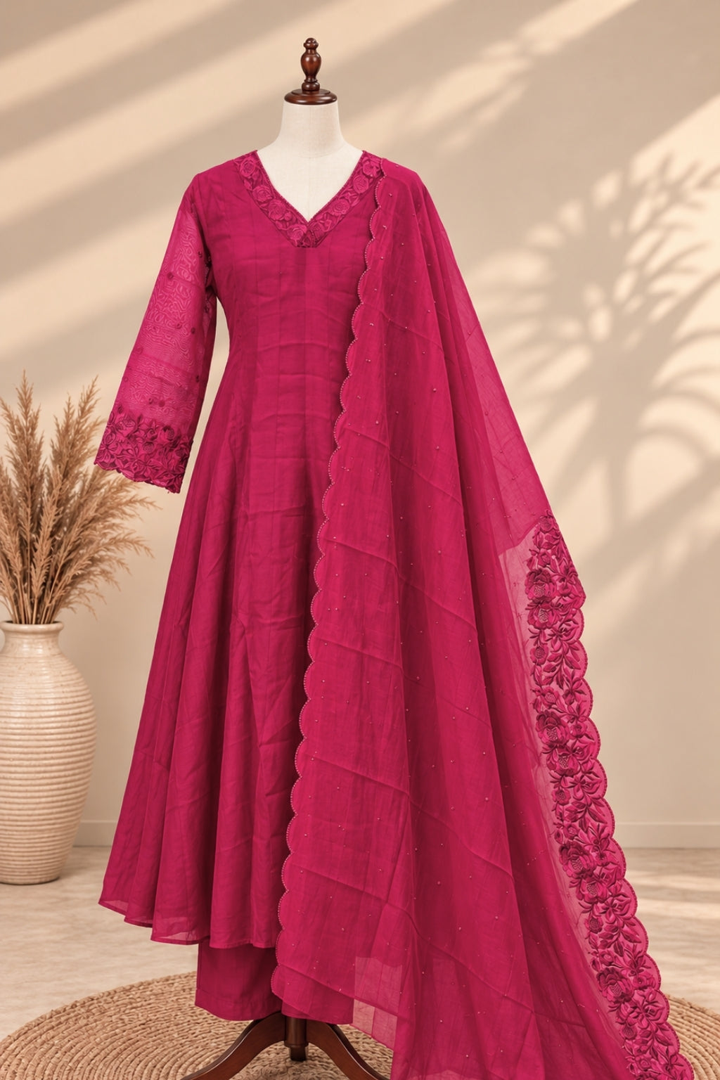 Premium Mul Chanderi 3 pcs Salwar Suit - Rani Pink