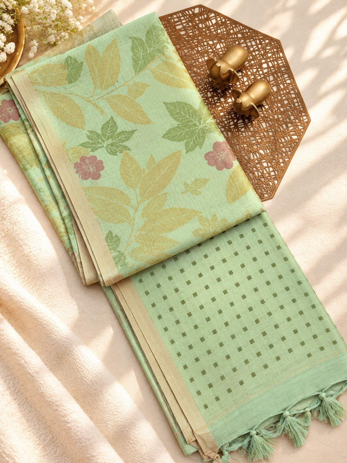 Soft Chanderi with Tissue Floral Digital Prints with Sequence Weaving - Green