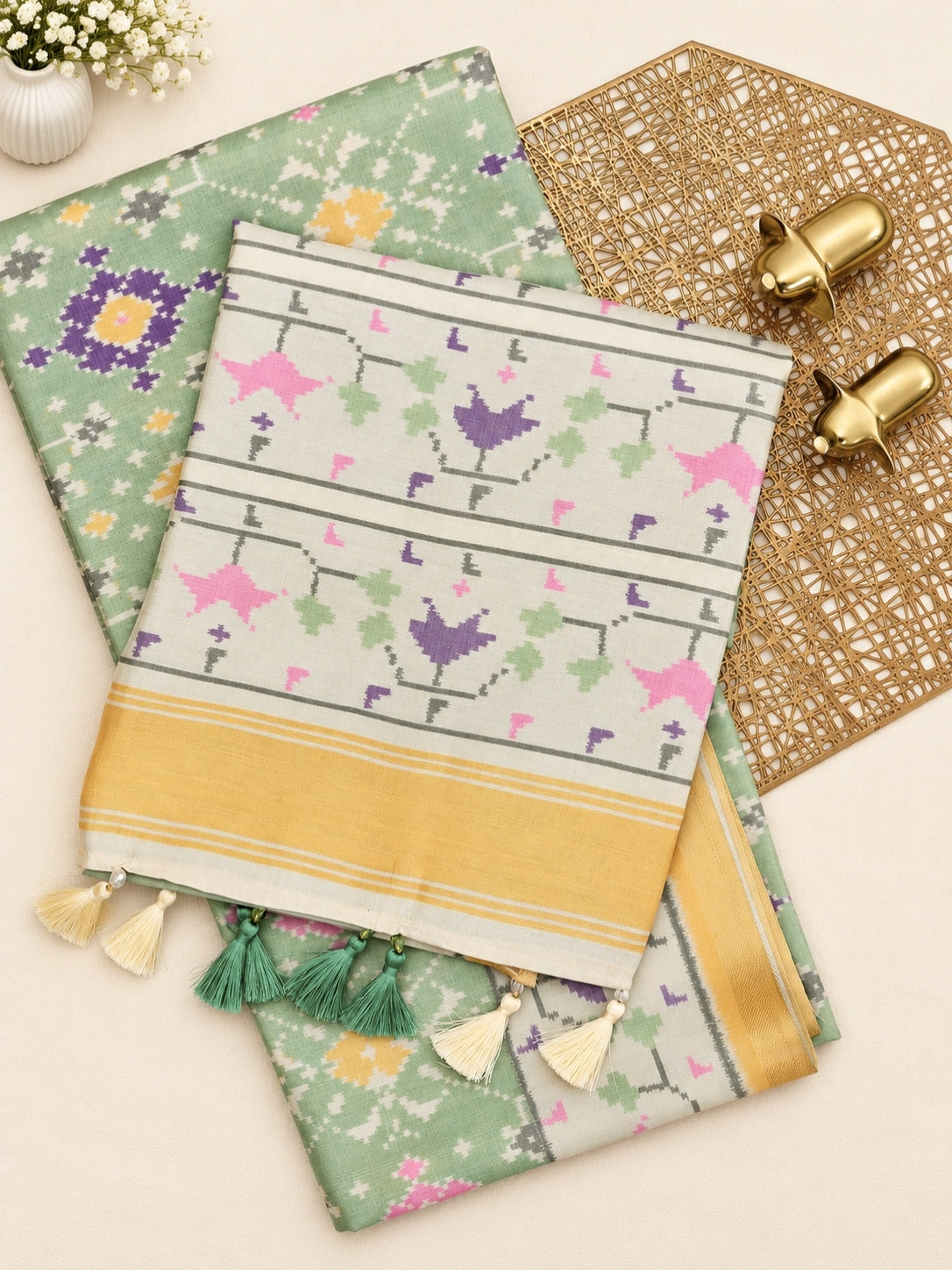 Patola Inspried Semi Tussar Saree  - Pastel Green