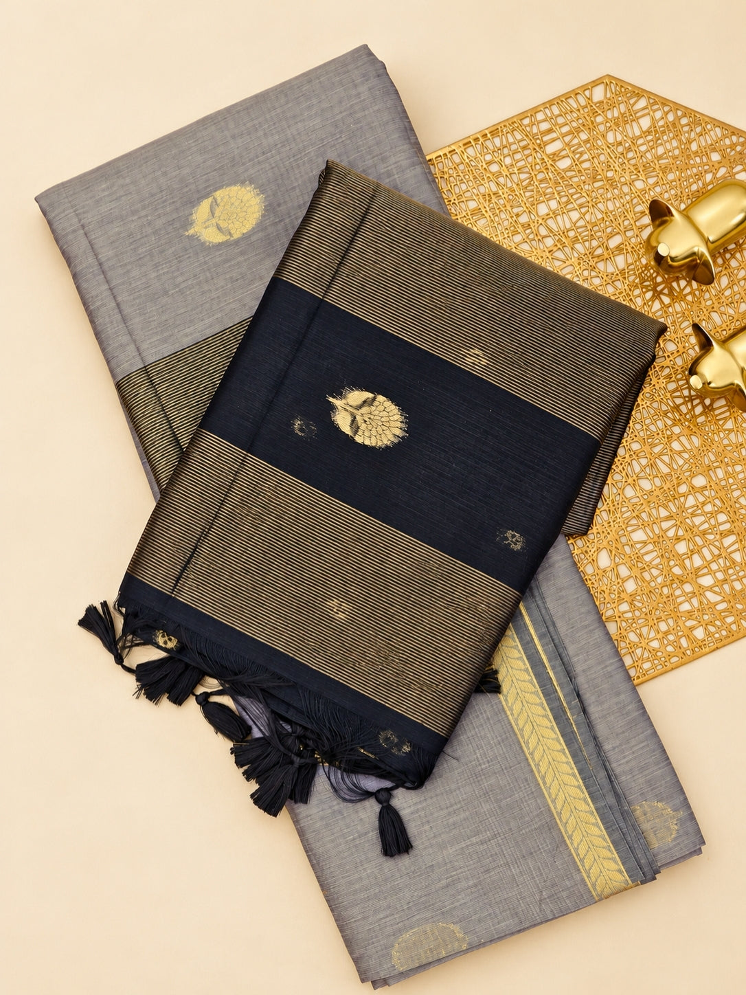 Semi Maheswari Silk Cotton Saree - Grey with Black