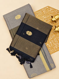 Semi Maheswari Silk Cotton Saree - Grey with Black