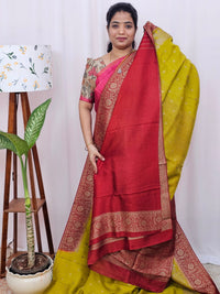 Jute Banarasi Silk Saree - Mehindi Green with Red