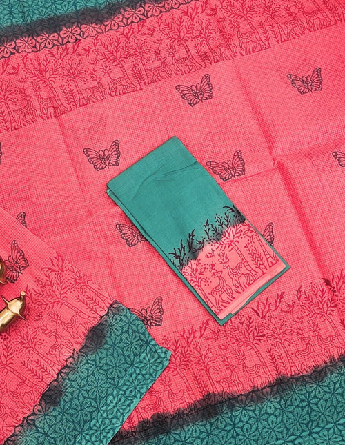 Pure Cotton with Checks Hand Block Prints - Peaching Pink with Rama Green