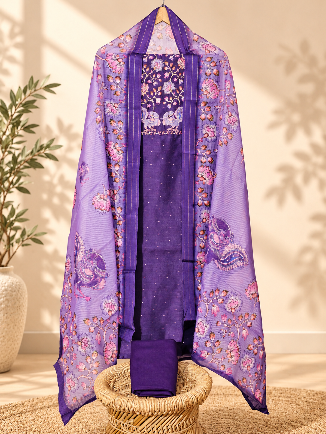 Semi Tussar Unstitched Salwar Set –  Purple