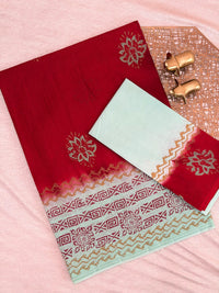 Pure Cotton with Hand Block Prints - Red with Light Green