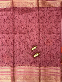 Unique Semi Tussar with Zari Border and Digital Prints - Onion Pink