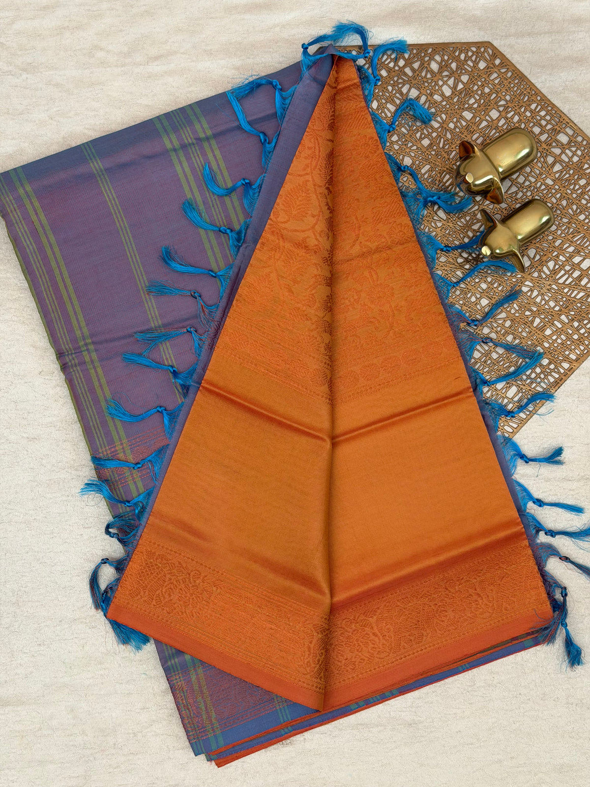 Dual Shade Orange with Blue Floral Pattern Chinnalampattu Saree