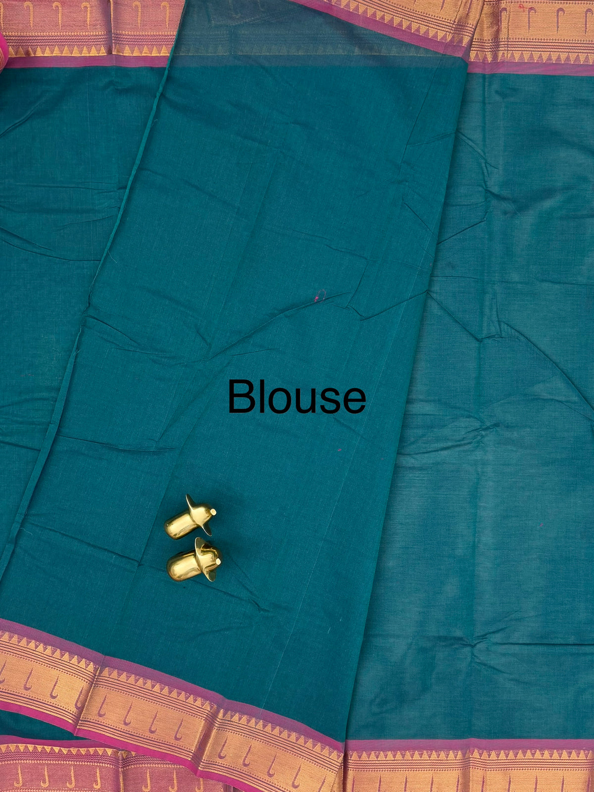 Chettinad Cotton Sarees - Peacock Blue with Pink